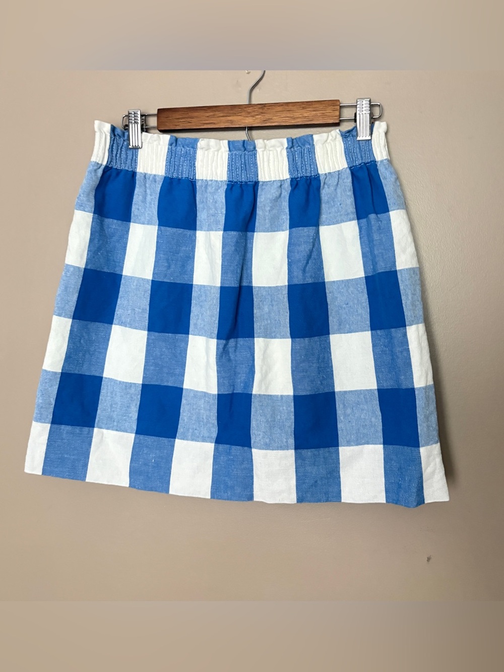 J.Crew Linen-Cotton Mini Skirt blue & white oversized gingham checkers sz S EUC - Picture 3 of 14